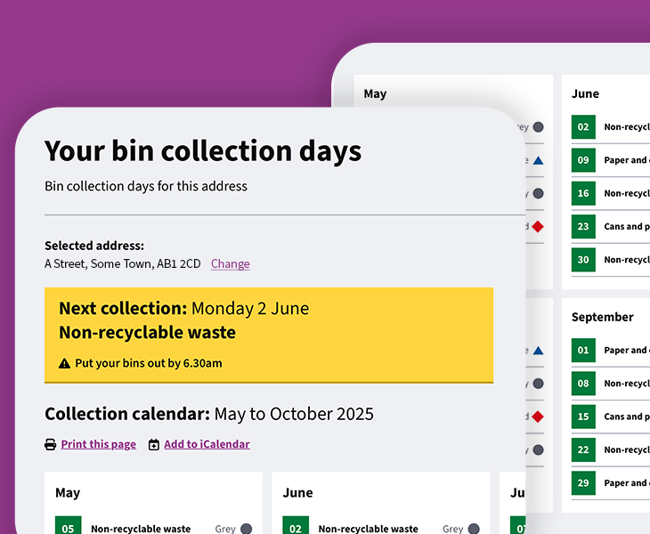 Screenshot of waste collection pages